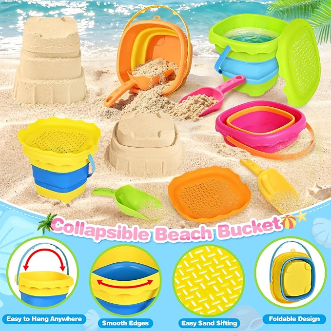 SpringFlower Beach Toys for Kids,Sand Toys for Toddlers with Collapsible Beach Buckets & Shovels Set,Travel Sandbox Toys for Toddlers Gifts Boys Girls Summer Outdoor Toys