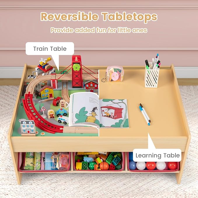 HONEY JOY Train Table, Wooden Kids Activity Table with 3 Storage Bins, 94 Multicolor Pieces, Tracks, Trains, Cars, Toddler Train Table Set with Reversible Tabletop, Gift for Boys Girls Age 3+
