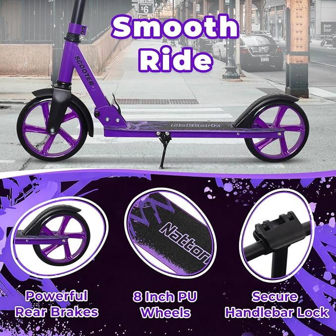 Nattork Scooter for Kids 6+, Teens and Adults- Adjustable Height Folding Kick Scooter with Large Sturdy Wheels for a Smooth Ride, Lightweight, Anti-Shock Suspension for Boys and Girls