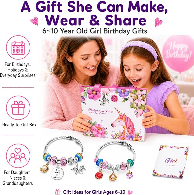 COO&KOO Charm Bracelet Making Kit, A Unicorn Girls Toy that Inspires Creativity and Imagination, Crafts for Girls Ages 8-12 with Jewelry Making Kit Perfect Gifts for 6 7 8 9 10 Girl Self-Expression!