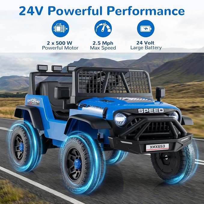 OLAKIDS 24V Ride on Car with Remote Control, Bluetooth, LED Lights, Horn, Spring Suspension, High/Low Speeds, Soft Start for Kids Aged 3+ (Blue)