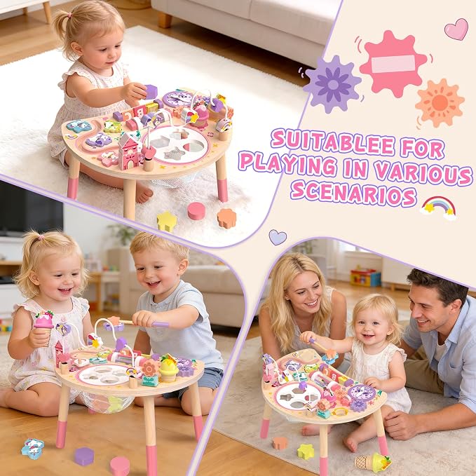 Wooden Activity Table for Toddlers 1-3, Unicorn 10-in-1 Montessori Busy Board with Bead Maze Shape Matching Gears Clock, Sensory Learning Toys for 1 2 3 Year Old Girls Boys Birthday Gift