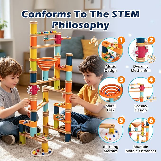 146pcs Bamboo Marble Runs Building Construction Toy Set with Musical Ball, Simple Maze for Children Age 3+