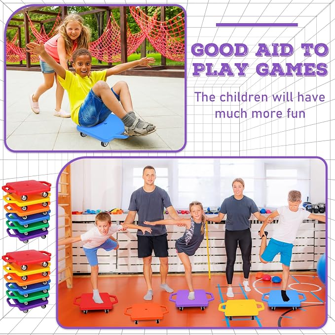 Jerify 6 Pcs Sports Scooter Board Bulk for Kids Gym Scooters Board with Handles Plastic Casters Sitting Flat for Children Gym Indoor Outdoor Activities Play Equipment(Square Handle Mixed Color)