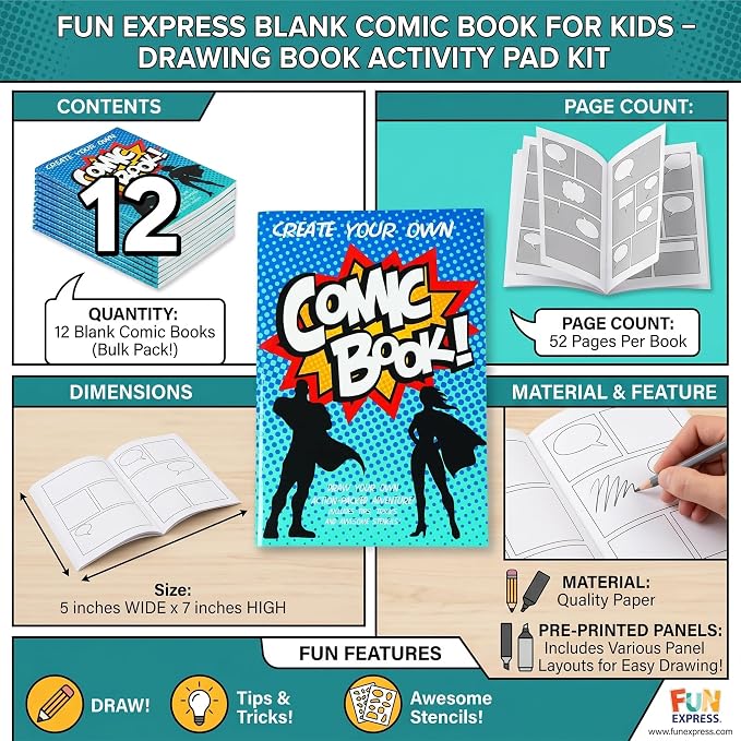 Fun Express Blank Comic Book for Kids 12 Books - Drawing Book Activity Pad with Pre-Printed Panels & Stencils | How to Draw Comics Kit for Boys & Girls Ages 4-12
