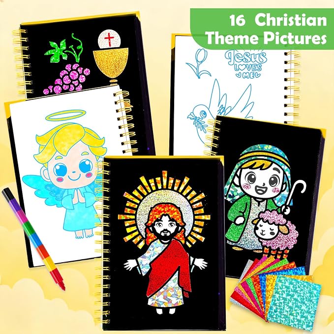 FUNNYB&G Foil Art Craft Kit for Kids 4-10 Years Old: Mess-Free & No-Glue, Create 16 Sparkly Christian Pictures – Perfect Travel Toy & Birthday Gift for Kids (Christian)