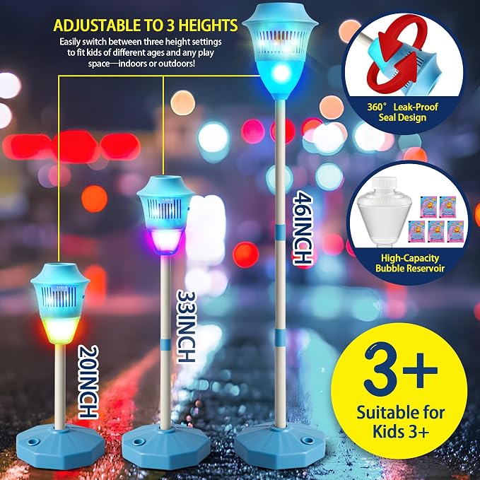 Automatic Bubble Machine with LED Lights & Music, Tall Rechargeable Bubble Maker for Kids, Adjustable Height 47 Inches Outdoor Bubble Stand Machine for Birthday Party, Wedding, Garden, Camping