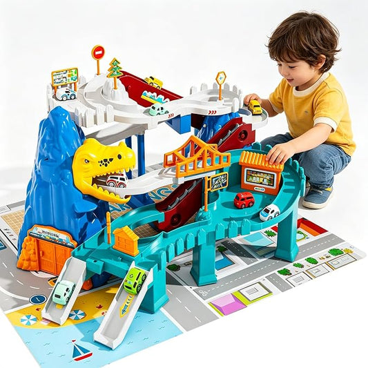 Dinosaur Car Race Track Set with 10 Racer Cars & Large Play Mat - 168 Pcs Dinosaur Toy Race Track for Boys 3-5 5-7, Flexible Train Track Construction Playset, Birthday Gifts for Kids Girls Age 3+