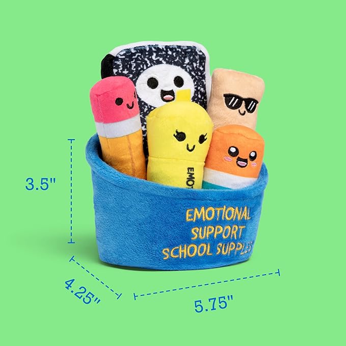 Emotional Support School Supplies Plush by Relatable - Cute Stuffed Animals and Squishy Toys, Fun Gift Ideas for All Ages, and Your Favorite Teacher - Includes 5 Plushies with Carrying Basket