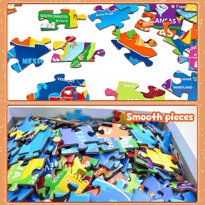 Puzzles for Kids Ages 6-8 8-10 10-12 Year Old - 200 Piece Jigsaw Puzzles for Kids Aged 6 to 12 - United States Puzzle - Colorful Children Puzzles for Girls and Boys Educational Toys