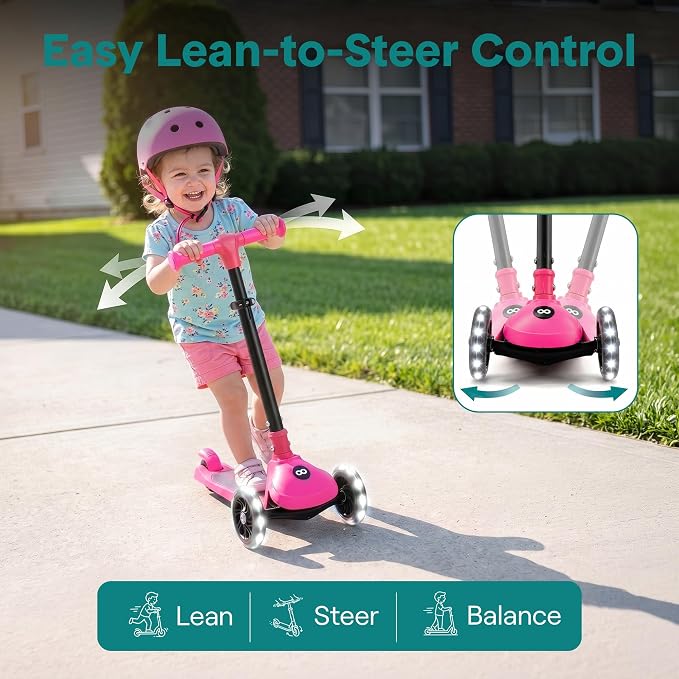 SereneLife Toddler Scooter, Adjustable Micro Scooter for Ages 2-5, Lightweight Kids 3 Wheel Design with LED Light-Up Wheels, Anti-Slip Deck & Lean-to-Steer Control, Indoor/Outdoor Use (Pink)