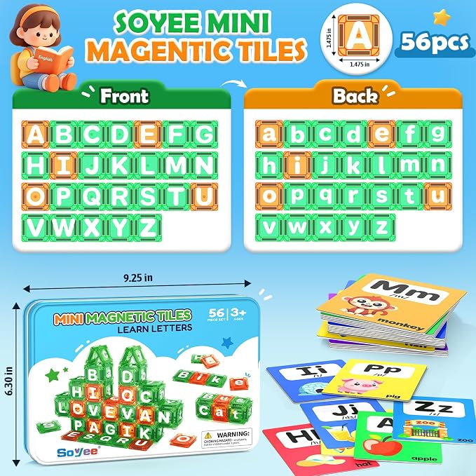 Magnetic Tiles Learn Letters Magnetic Building Blocks for Kids Ages 3-12 Double-Sided Uppercase & Lowercase Magnetic Letter Preschool Learning Toys, Educational STEM Toys & Back to School Supplies