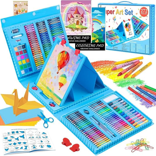Art Supplies, 272 Pack Art Set Drawing Kit for Girls Boys Teens Artist, Deluxe Gift Art Box with Trifold Easel, Origami Paper, Coloring Book, Drawing Pad, Pastels, Crayons, Pencils, Watercolors(Blue)