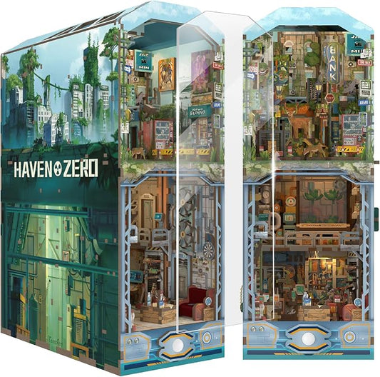 Tonecheer DIY Book Nook Kit for Adults, Wooden 3D Puzzle Bookend Diorama Bookshelf Insert Decor Fancy Books, Booknook Miniature House Kit with Dust Cover and Sensor LED (Haven Zero)