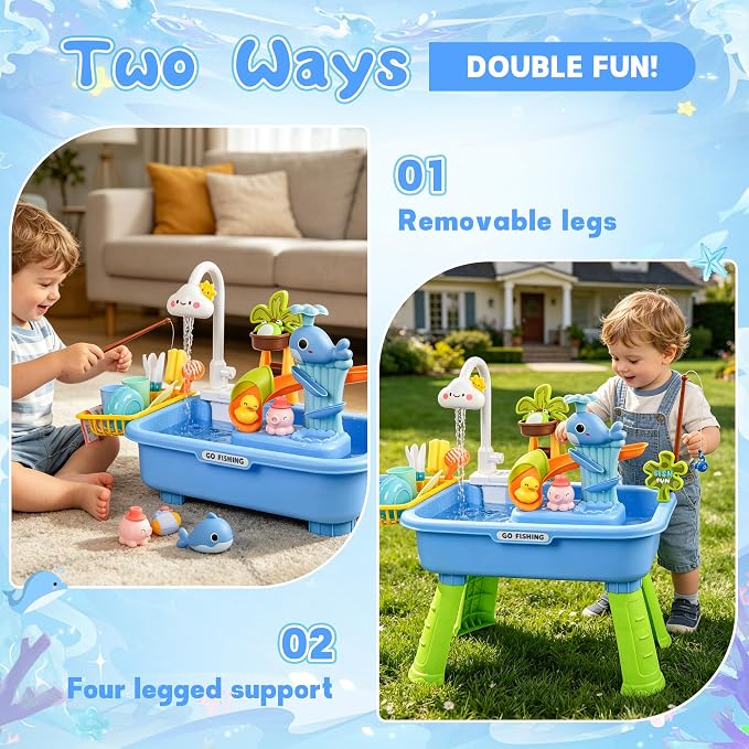 Kids Sand & Water Table — 4-in-1 Kitchen Sink Toy with Battery-Powered Water Pump, Faucet, Play Food & Fishing Set, for Boys & Girls Age 3+ (Blue-Cloud)