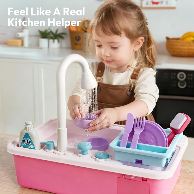 lalalark Color Changing Play Sink with Running Water, Toddler Sink with Electric Dishwasher, Chopping Sounds and Automatic Water Cycle System, Water Table for Toddlers 1-3 Birthday Gift