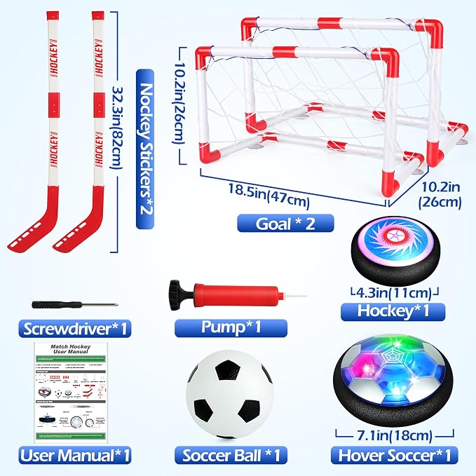 Helsort Hover Soccer Ball Set, Hover Hockey Set for Kids, Air Floating Soccer Toys Hockey Ball with Led Light, Indoor Outdoor Sports Toys & Games, Christmas Birthday Gifts for 3-12 Years Boy Girl