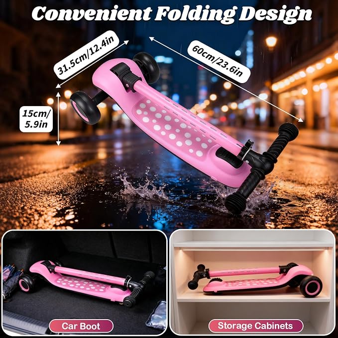 Light Up 3 Wheel Kick Scooter for Kids Toddlers with LED Sync Lights, Flashing Stem & Wide Polka Dot Deck Adjustable Height Music Function Safe Sturdy Folding Scooter for Kids