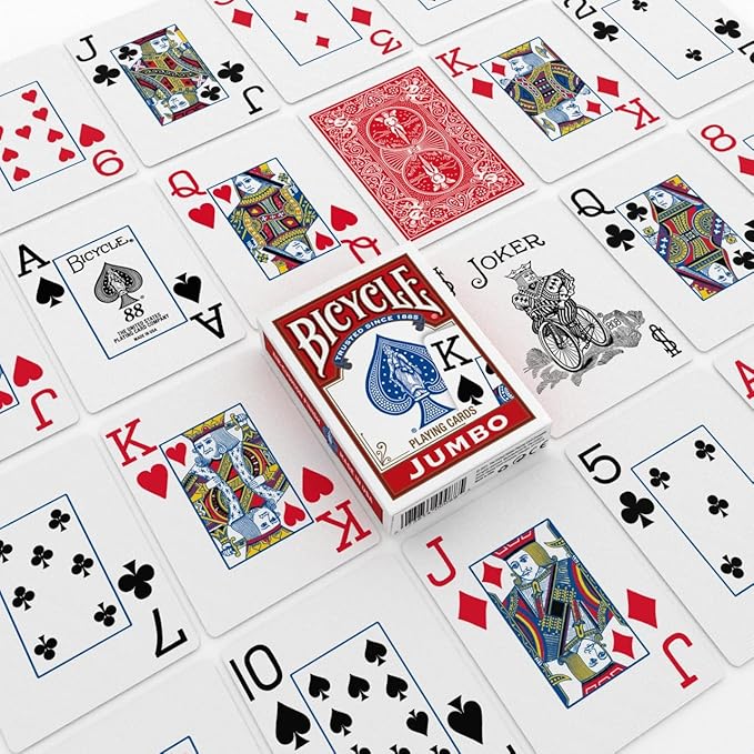 Bicycle Jumbo Index Playing Cards , 2 Pack Large Print Poker Size Deck of Cards for Easy Reading, Family Card Games, and Casino Play