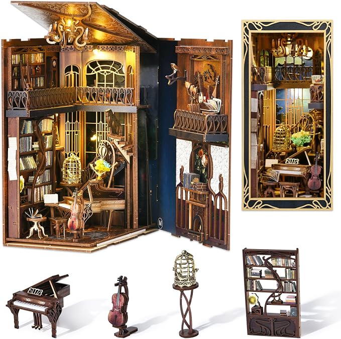 CCCDF Book Nook Kit, DIY Miniature Dollhouse Booknook Kit, 3D Wooden Puzzle Bookend Bookshelf Insert Decor with LED Light for Teens and Adults (Pianist with Nightingale)