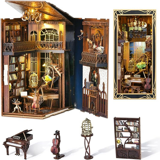 CCCDF Book Nook Kit, DIY Miniature Dollhouse Booknook Kit, 3D Wooden Puzzle Bookend Bookshelf Insert Decor with LED Light for Teens and Adults (Pianist with Nightingale)
