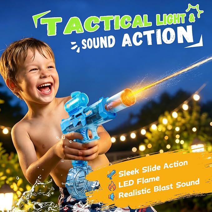 Electric Water Gun for Kids Automatic Squirt Gun with LED Flame Effect & Realistic Slide Action, Lightweight Rechargeable Water Blaster for Outdoor Summer Pool Beach Night Toys