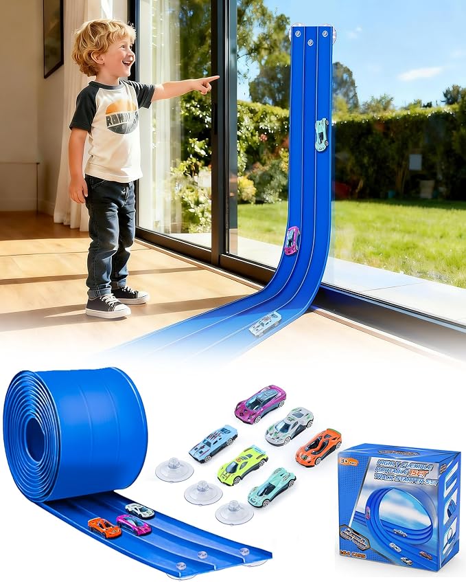 3-Lane Flex Track 15 Ft Flex Race Car Track with 6 Toy Cars,Portable DIY Racetrack Compatible Diecast 1/64th Cars for Ages 3 Up,Birthday Gifts for Boys (Dark Blue-2)