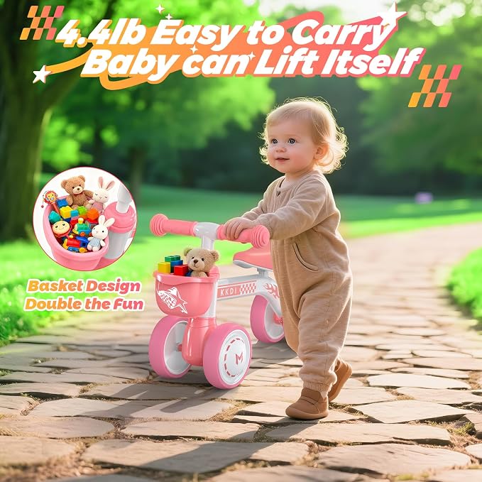 Kkdi Baby Balance Bike Ride on Toys for 1 2 Year Old, Pink Toddler Bike, First Birthday Gifts for 1 2 Year Old Girls, Baby Indoor Outdoor Toy, Colorful Lighting Silent Wheels, No Pedal/Basket