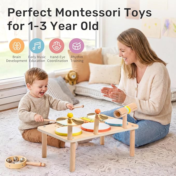 WINGYZ Kids Drum Set – 9-in-1 Montessori Toys for 1-3 Year Old & Wooden Musical Instruments for Toddlers, Baby Musical Toys with Drums, Xylophone, Helps Hand-Eye Coordination, Gift for 1-3 Boys Girls