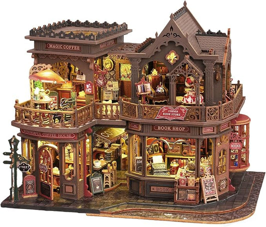 CUTEROOM DIY Miniature House Kit, Wooden Dollhouse Kit with LED Magic Tiny House Kits for Women Adult Gifts for Christmas Birthday (Book Coffee Shop)