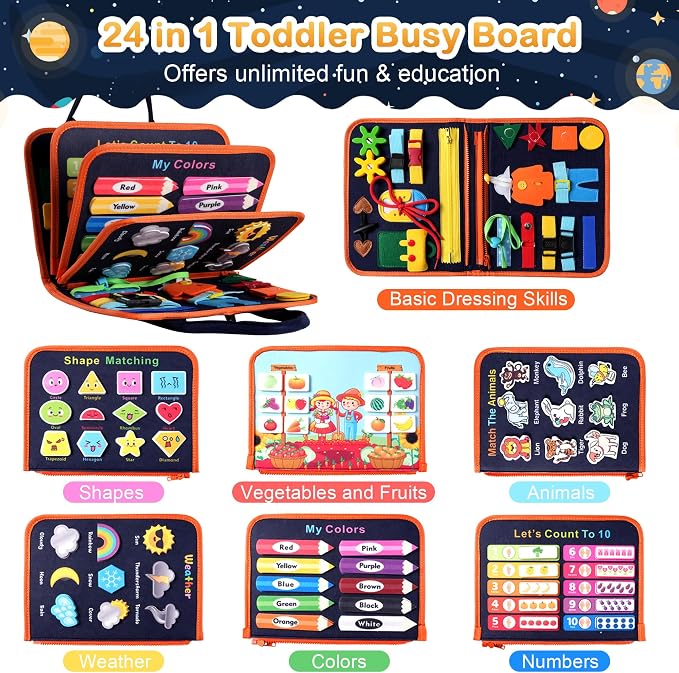 Teefrye Toddler Busy Board Montessori Toys for Boy, Activity Book Educational for Learning Fine Motor Skills, Travel Toys for Airplane Car, Birthday Gifts for Boys Toddlers