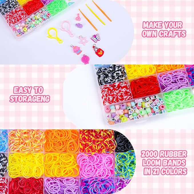 XKDOUS Rubber Band Bracelet Kit, Loom Bracelet Making Kit for Art and Craft, Rubberband Bracelets kit for Kids Ages 6+ 21 Colors 2000+