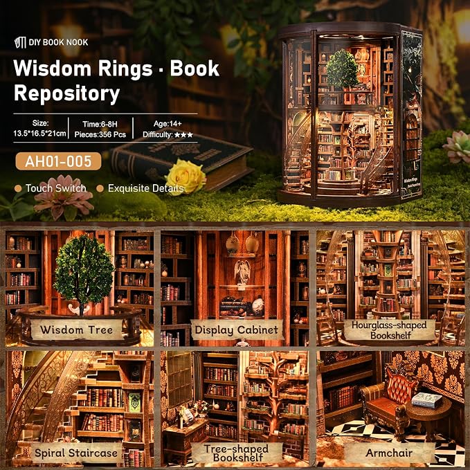 DIY Book Nook Kit for Adults, 3D Wooden Puzzle Tree of Wisdom Miniature Library Kit with Transparent Door & LED, Aesthetic Bookshelf Decor Building Gift for Men Friends (356 PCS