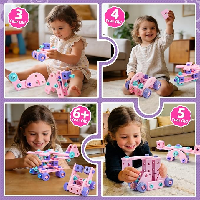Design and Drill Toy - Toddler Tool Set with Drill & Toolbox, Create And Design Drill Kit Stem Toys for Kids Ages 3-6, Toddler Building Educational Construction Toy for 3-6 Year Old Girl (PINK)