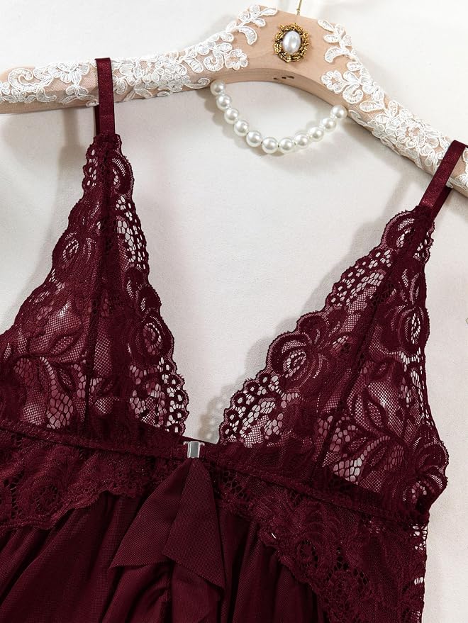 Foxiny Sexy Open Front V Neck Ruffle Sheer Mesh Lace Wireless Babydoll Lingerie Dress with Thong 2 Piece