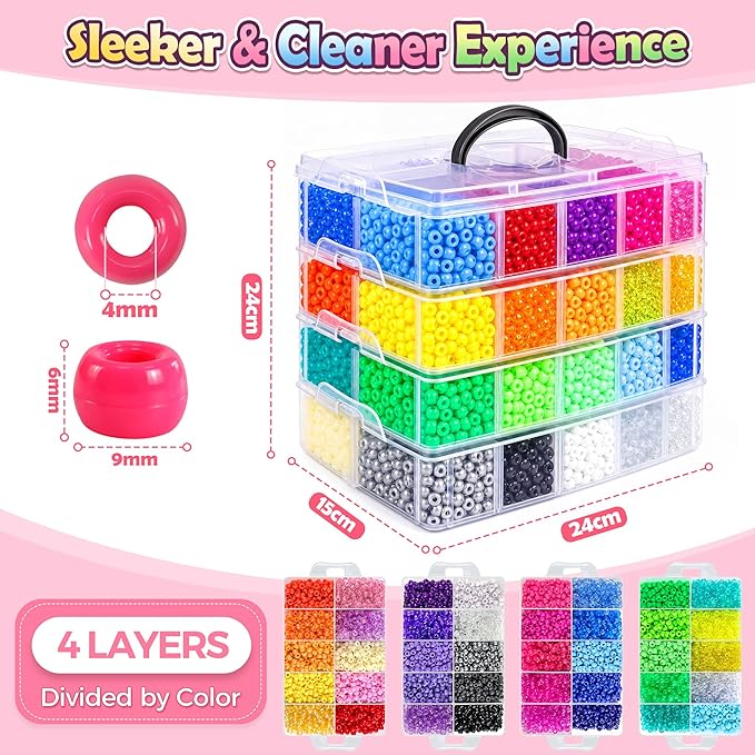 Redtwo 10000 Pcs Pony Beads for Bracelet Making Kit, 40 Colors Kandi Beads for Bracelets Jewelry Making, 6x9mm Hair Bead for Braids Key Chains DIY Crafts Gifts for Tween Girls