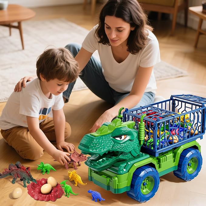 22 in 1 Toddler T-rex Dinosaur Truck Toy Set for Kids Boys 3-5 5-7, Tyrannosaurus Carrier Transport Truck with 18 Jurassic Dino Figures Birthday Toy for Boys Girls 3 4 5 6 7 Years Old