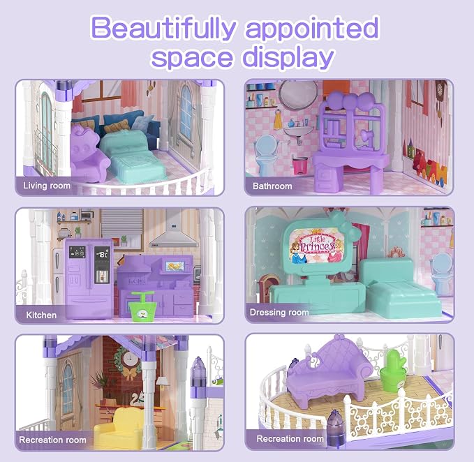 Lilac Purple Doll House for Girls, Dream Dollhouse 9 Rooms with 2 Dolls, Animals, Lights, Furniture and Accessories, Pretend-Play Toddler Playhouse Gift 3+ Year Old Girls Toys