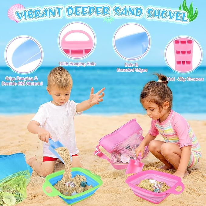 EULRGAUS Beach Sand Toys, 2 Collapsible Sand Sifters, 2 Beach Shovels, 2 Mesh Beach Bags, Shark Tooth Sifter & Shell Collecting for Kids Boys and Girls, Beach Essentials for Family