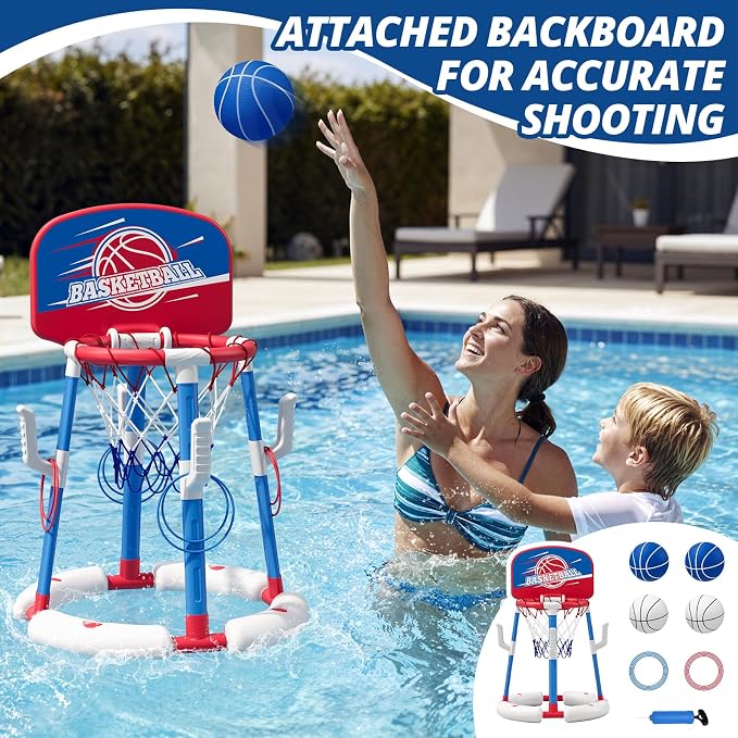 HYES 2 in 1 Pool Basketball Hoop with Ring Toss, Floating Pool Toys - Anti-Tip Stable Base - with 4 Balls/8 Rings/Pump - Summer Water Basketball Games Indoor Outdoor Gifts for Kids 4-8 & Adults, Red