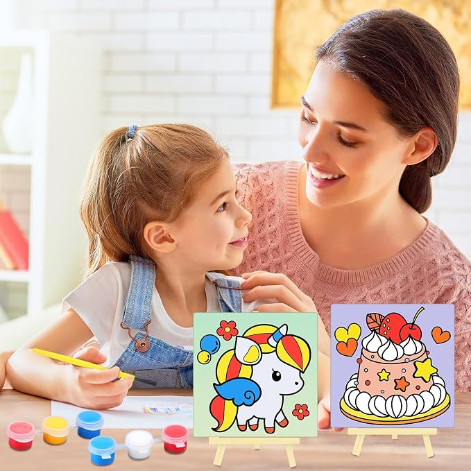 Tenceur 48 Pcs Kids Paint Party Favors Sets with 12 Pcs Unicorn Girl Cake Pre Drawn Canvas Panel and Wooden Easel Set Paint Pots and Brushes 12 Mini Apron and Tote Bag for Kids Girls Student Boys