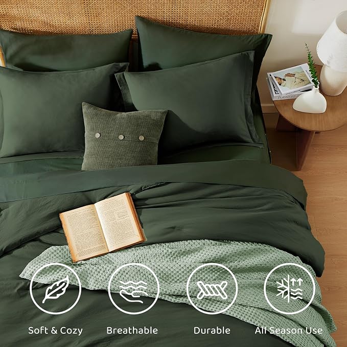 WRENSONGE Super King Plus Comforter Set - 7 Pieces Deep Green Soft Bed in a Bag Super King Plus with Fitted Sheet, Flat Sheet, 2 Pillow Shams, and 2 Pillowcases- Warm Bedding Sets for All Season