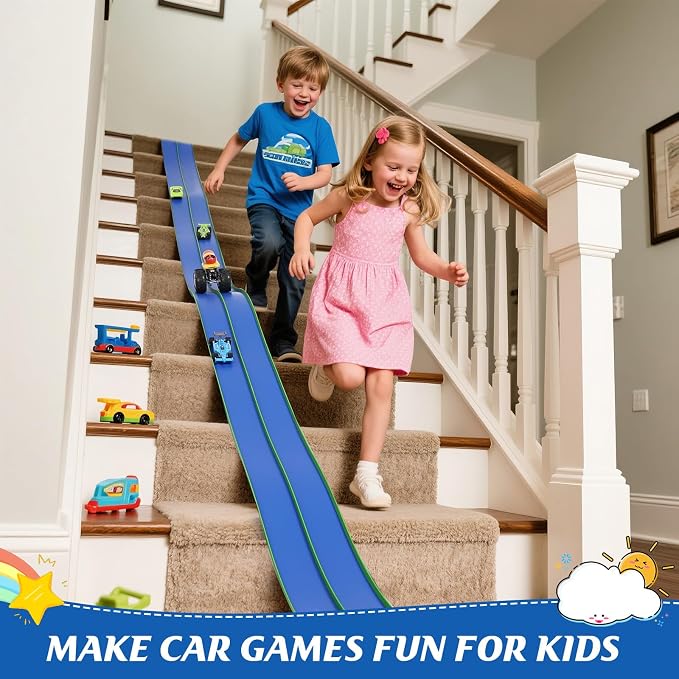 Flexible Race Car Track 15 Ft Starter Set with Suction Cups Compatible with Diecast 1/64th Car for Ages 3 & Up Track Long Rolls Up Portable Racetrack