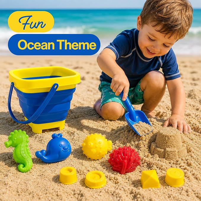 Beach Toys for Kids, 12-Piece Foldable Sand Toy Set, Silicone Beach Bucket, Sand Toys for Toddlers Ages 2-8, Beach Bucket and Shovel Set, Outdoor Beach and Sandbox Toys (Blue Set)