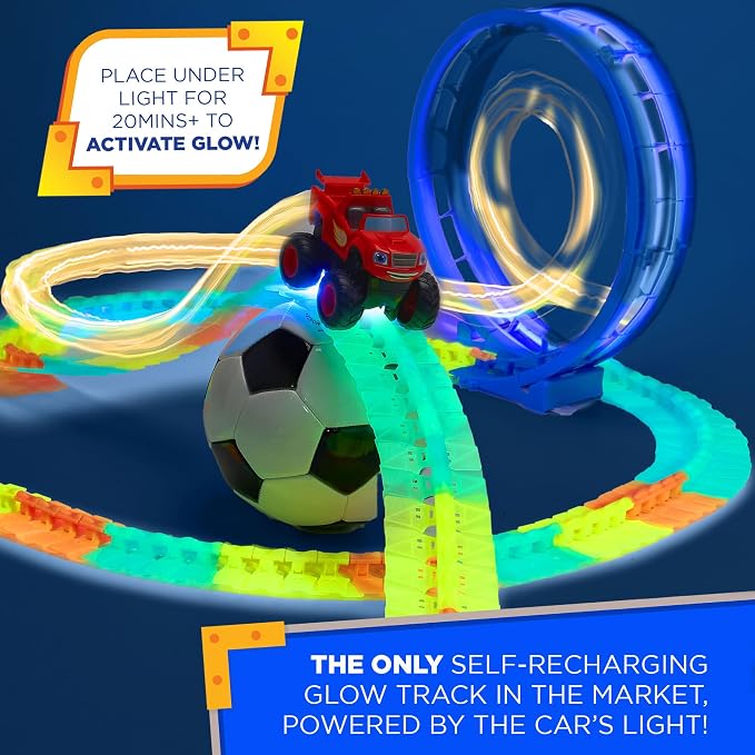 Blaze and The Monster Machine Race Track Set - 117-Piece STEM Playset with Flexible Glow Tracks - Official Nickelodeon Toys for Kids Ages 3 to 8 - Birthday Gifts for Boys & Girls by JitteryGit (Red)