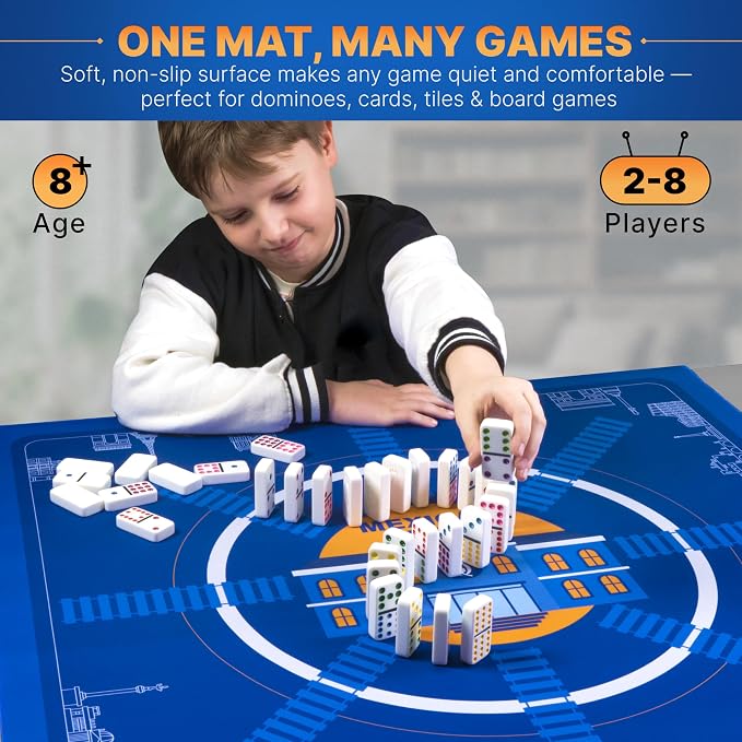 Queensell Mexican Train Dominoes Play Mat, 32" x 32" Non-Slip Gaming Surface, Mexican Train Accessories with Storage Bag, Printed Train Station Playfield, Easy to Clean & Roll Up