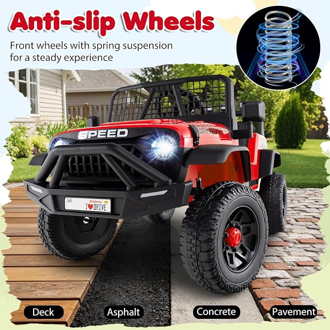 Costzon Ride on Truck, 24V Ride on Toys for Kids, Electric Vehicle with Parent Remote Control, Music, Horn, LED Headlights & Spring Suspension, Kids Car for Boys & Girls (24V,Red)