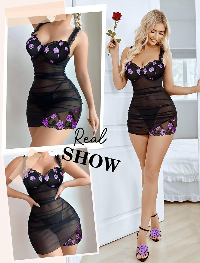 Avidlove Lingerie for Women Mesh Babydoll Lingeries Lace Chemise Floral Sleepwear Dress Sheer Exotic Boudoir Outfit S-XXL