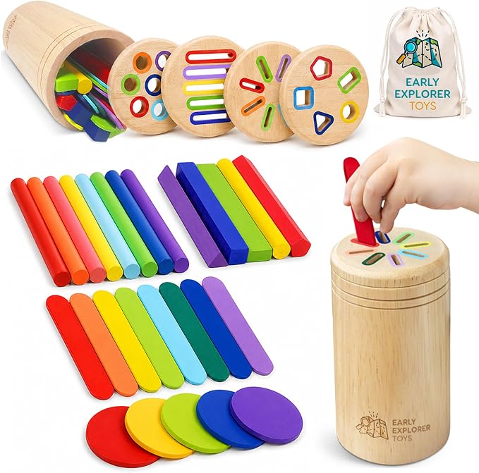 4 in 1 Montessori Toys for 2 3 4 Year Old, Wooden Color Sorting Toys for Toddlers 1-3, Preschool Learning Activities Fine Motor Skills Matching Games, Sensory Color Sorting Toy, Gift for Boy Girl