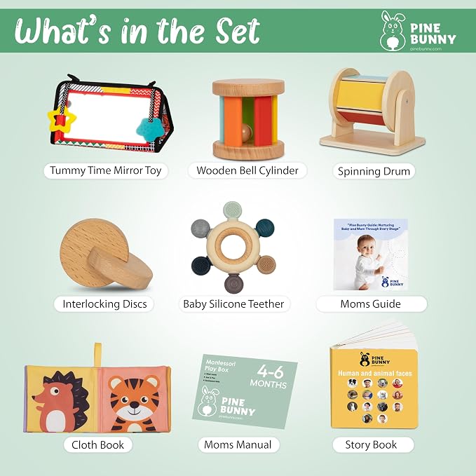 Pine Bunny Montessori Wooden 9-in-1 Toy Set for 4+ Months, Silicone Teether, Interlocking Discs, Mirror Toy, Wooden Bell Cylinder, Cloth Book, Spinning Drum, Educational Learning Sensory Development